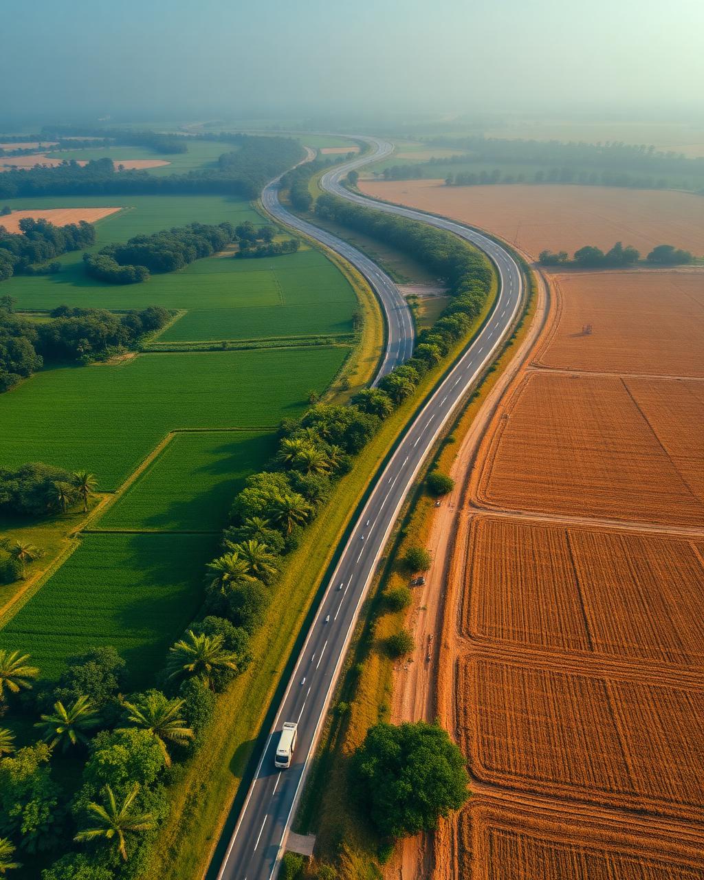 Aerial view of a highway connecting green farmland and golden fields across India